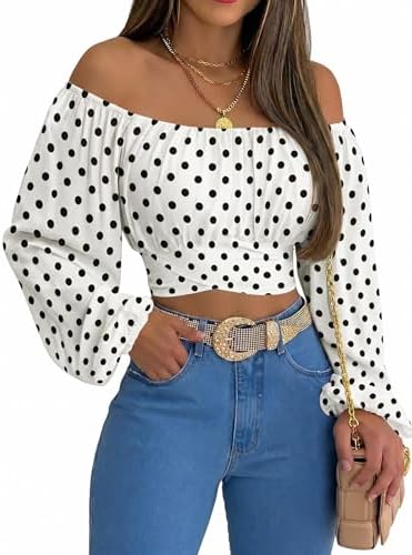 MIRACMODA Woman Off Shoulder Ruched Tie Back Lantern Sleeve Crop